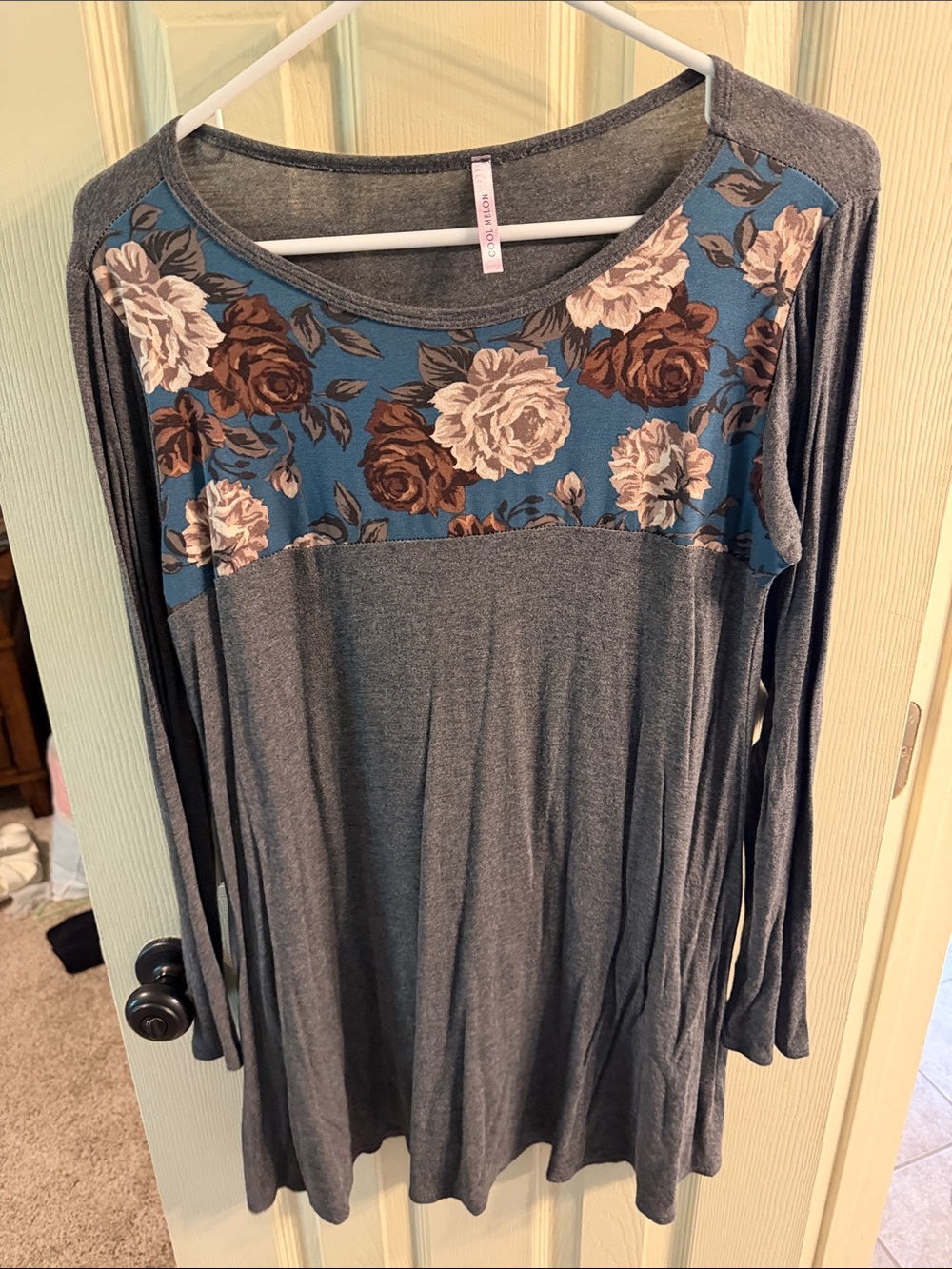 Grey Long Sleeve Tunic with Teal Floral Yoke